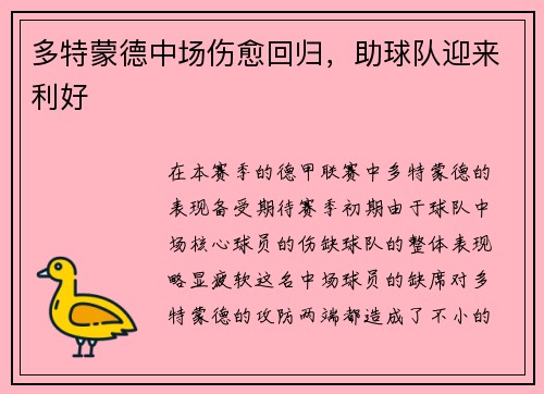 多特蒙德中场伤愈回归，助球队迎来利好