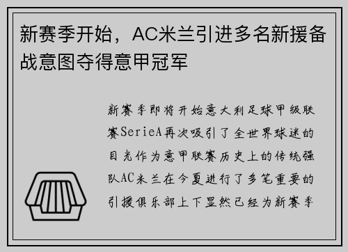 新赛季开始，AC米兰引进多名新援备战意图夺得意甲冠军